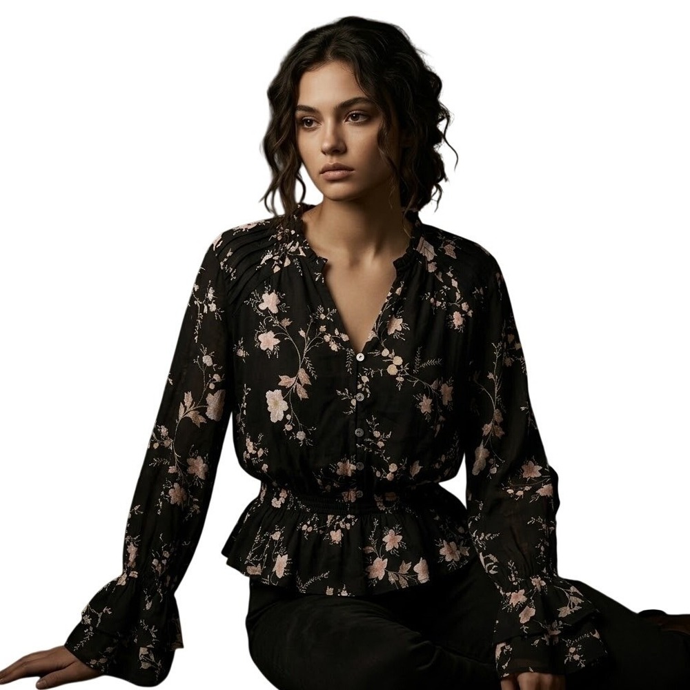 AMERICAN RAG Floral Smocked Peplum Blouse Moody Boho SmallTop Dark Romantic